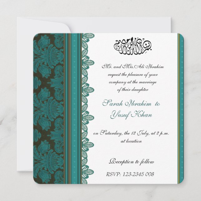 Blue Damask Brocade Muslim wedding Invitation (Front)