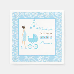 Blue Damask Brunette Woman Baby Shower Napkin