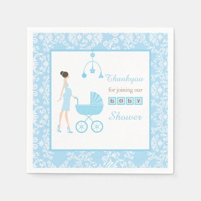 Blue Damask Brunette Woman Baby Shower Napkin (Front)