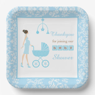 Blue Damask Brunette Woman Baby Shower Paper Plate