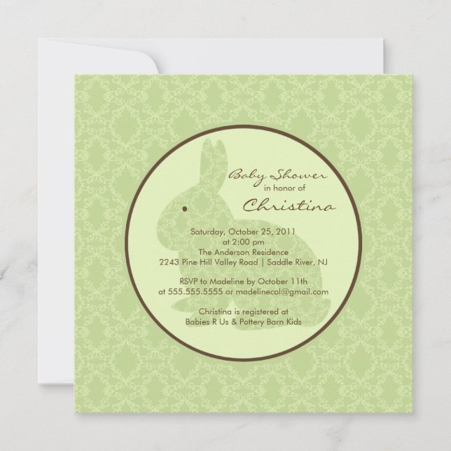 Blue Damask Bunny Baby Shower Invitation Neutral (Front)