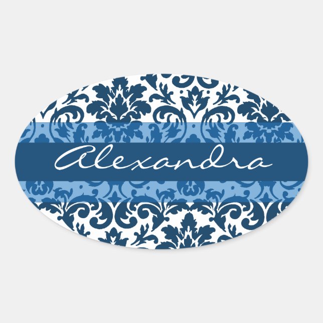 Blue damask calligraphy customisable art oval sticker (Front)