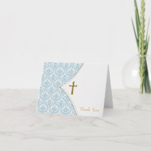Blue Damask Christening Thank You Card