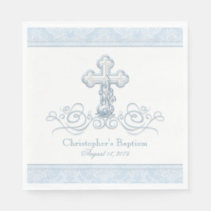 Blue Damask Cross Baptism Communion Napkins