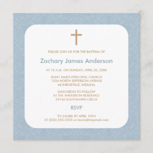 Blue Damask & Cross Baptism Invitations