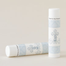 Blue Damask Cross Baptism Lip Balm Favour