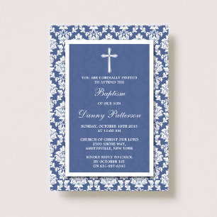 Blue Damask Cross Baptism Or Christening Invitation