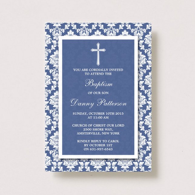 Blue Damask Cross Baptism Or Christening Invitation (Creator Uploaded)