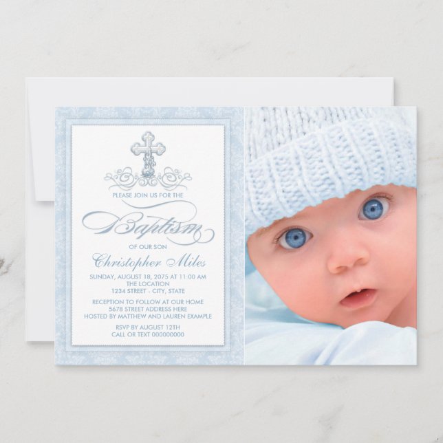 Blue Damask Cross Boy Photo Baptism Invitations (Front)