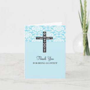 Blue Damask Cross Boys Thank You Card