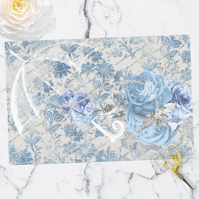 Blue Damask Ephemera Floral Country Chic Tissue Paper (Creator Uploaded)