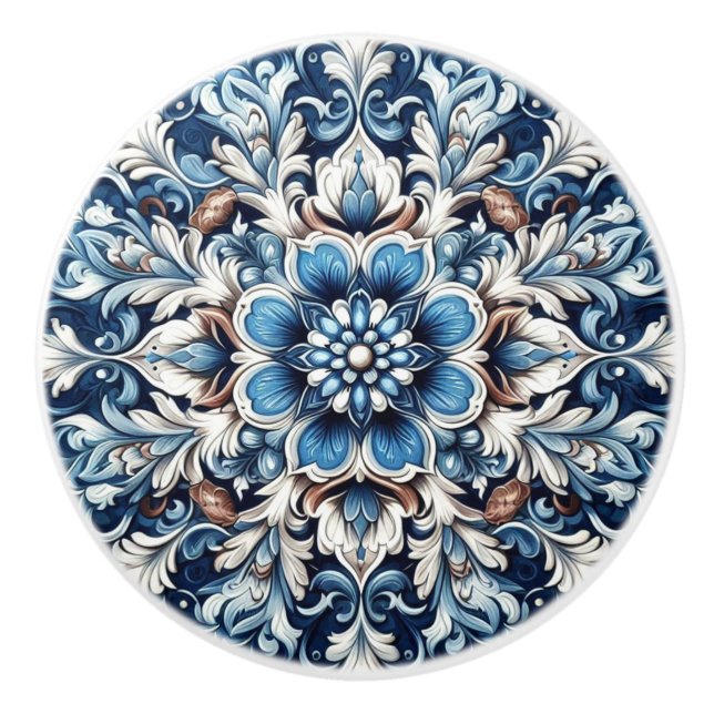 Blue Damask Fleur Mandala Ceramic Knob (Front)