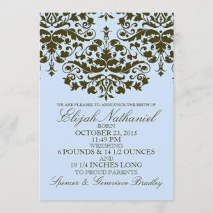 Blue Damask Formal Introduction Birth Announcement