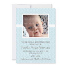 Blue Damask Frame Photo Baby Announcement