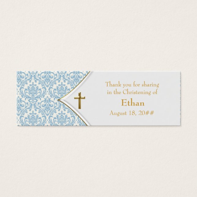 Blue Damask Gold Cross Bomboniere Tags (Front)
