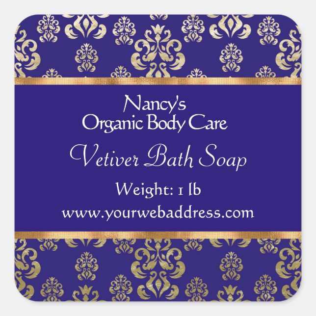 Blue damask & gold foil soap and cosmetics label (Front)