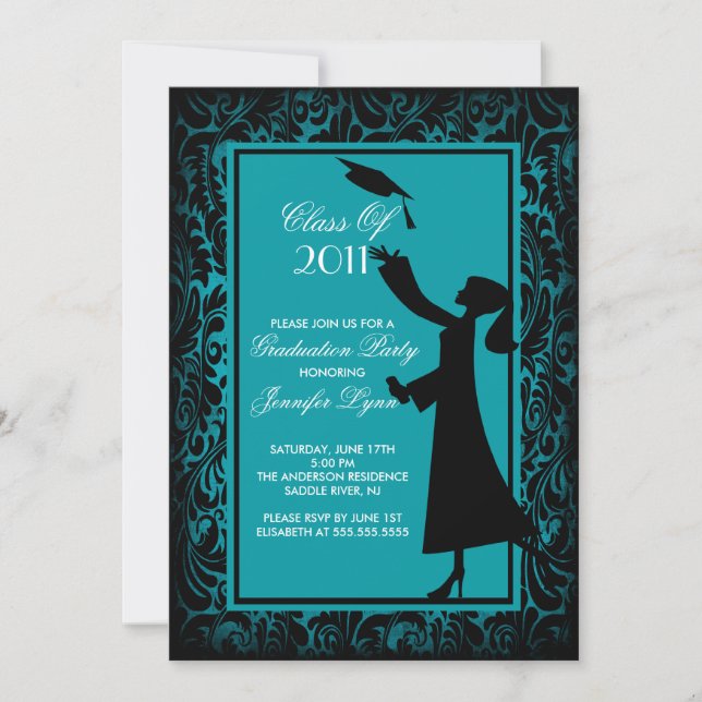 Blue Damask Graduation Invitation Silhouette Grad (Front)