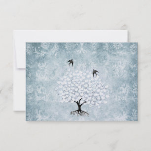 Blue Damask Heart Leaf Tree Vintage Bird RSVP Card
