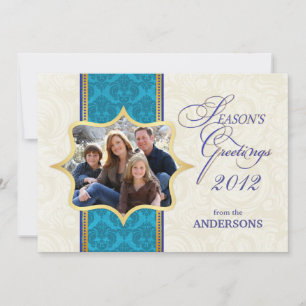 Blue Damask Holiday Photo Flat Card