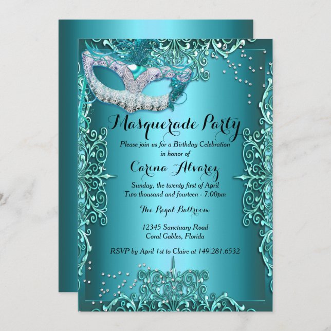 Blue Damask Masquerade party Birthday Invitation (Front/Back)