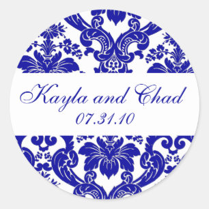 Blue Damask Monogram Classic Round Sticker