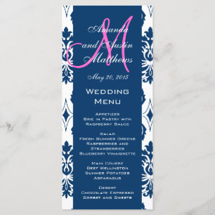 Blue Damask Monogram Wedding Menu Cards