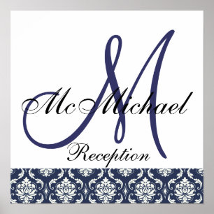 Blue Damask Monogram Wedding Reception Sign