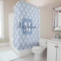 Blue Damask Monogrammed Shower Curtain w/ Name