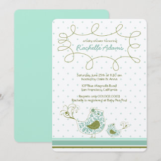 Blue Damask Mum And Baby Bird Chic Baby Shower Invitation