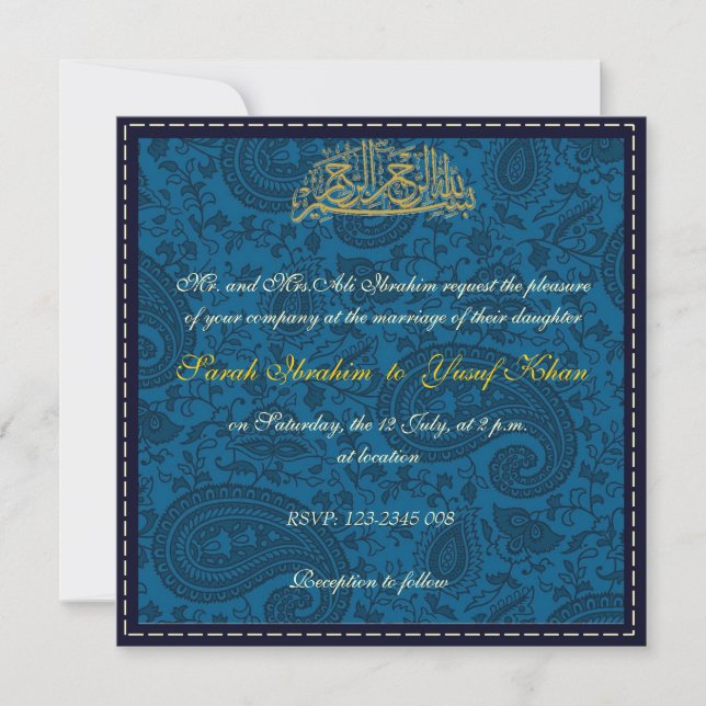 Blue Damask Muslim wedding Invitation (Front)