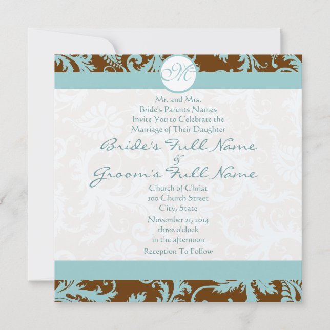 Blue Damask on Brown Wedding Invitation (Front)