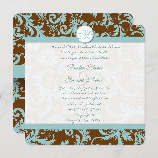 Blue Damask on Brown Wedding Invitation (Front/Back)
