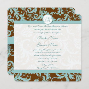 Blue Damask on Brown Wedding Invitation