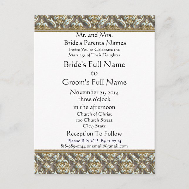 Blue Damask on Grey Wedding Invitation (Front)