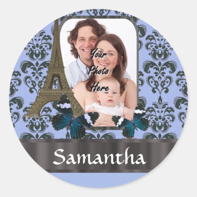 Blue damask Paris collage Classic Round Sticker (Front)