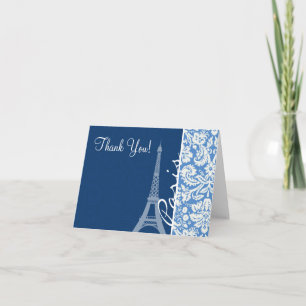 Blue Damask; Paris Thank You Card