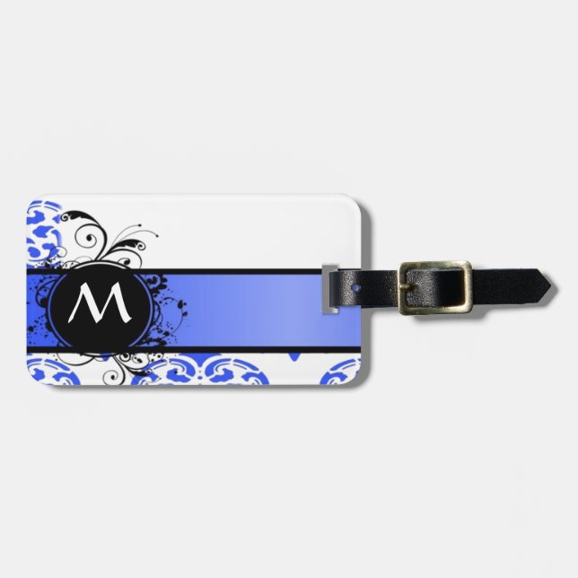 Blue damask pattern and monogram luggage tag (Front Horizontal)