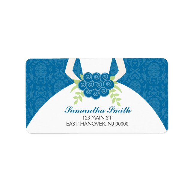 Blue Damask Pattern Bridal Shower Label (Front)