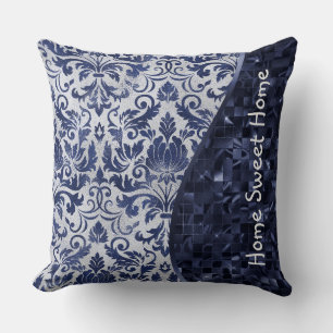 Blue Damask Pattern Glam Glitter Personalised Cushion