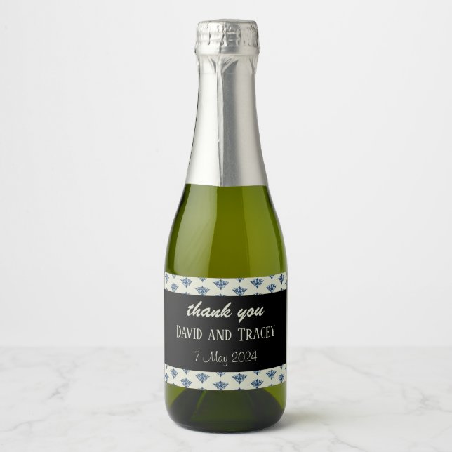Blue damask pattern grey wedding sparkling wine label (Front)