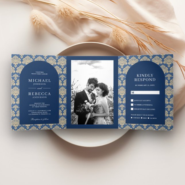 Blue Damask Pattern Moroccan Arch Wedding Photo Tri-Fold Invitation (Creator Uploaded)