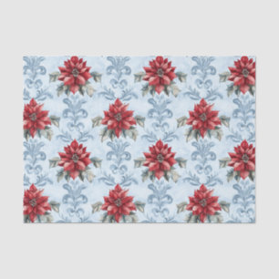 Blue Damask Pattern with Red Poinsettia Flowers Tissue Paper