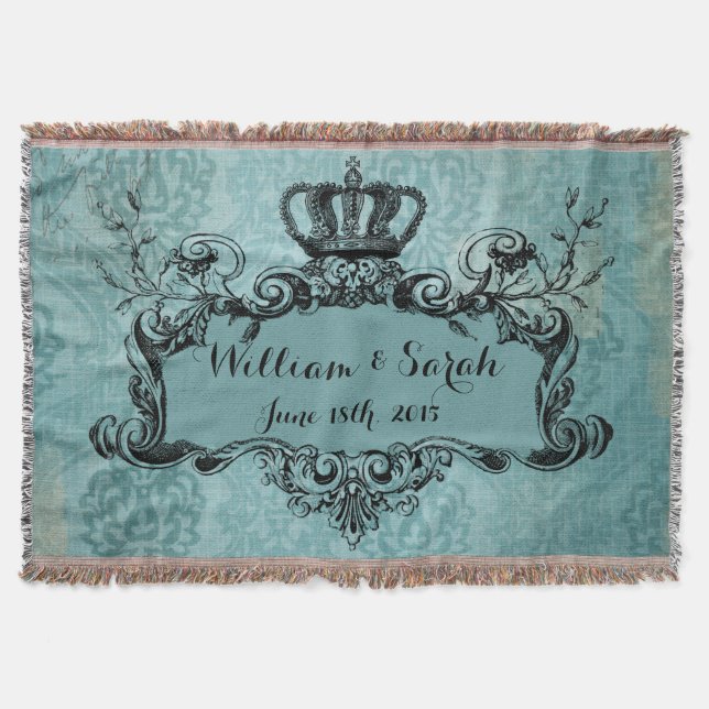 Blue Damask Personalised Wedding Royal Crown Throw (Front)