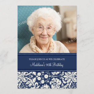 Blue Damask Photo 90th Birthday Party Invitations