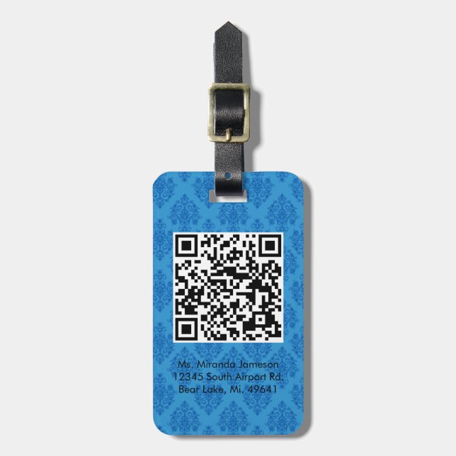 Blue Damask QR CODE Custom Luggage Tag (Front Vertical)