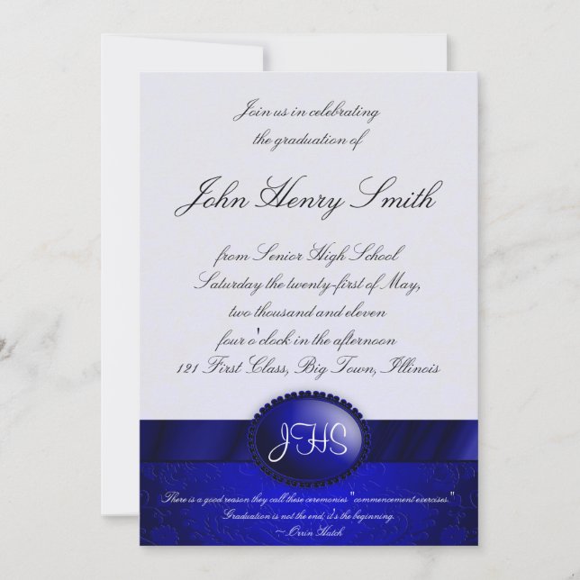 Blue Damask Ribbon Graduation Invitation (Front)
