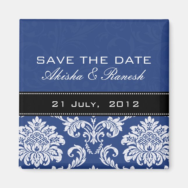 Blue Damask Save the Date Magnet (Front)