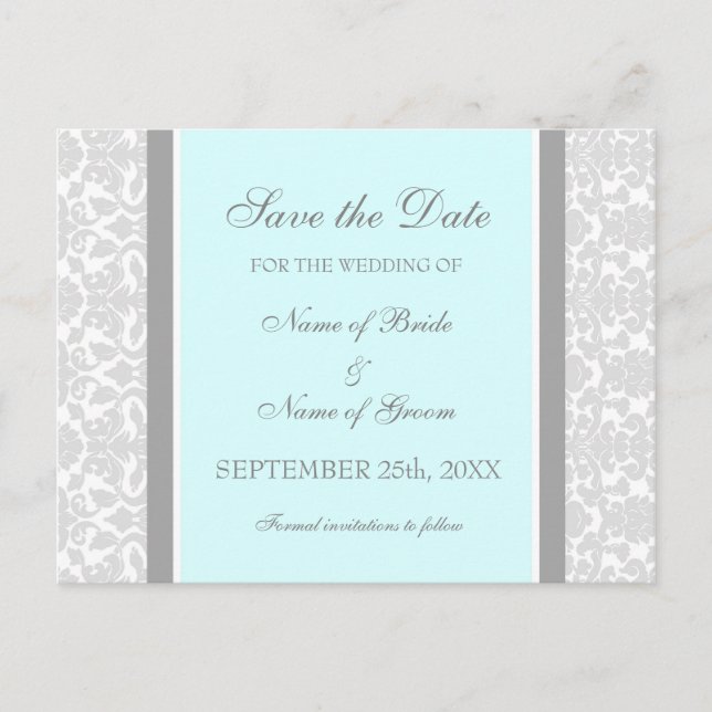 Blue Damask Save the Date Wedding Postcards (Front)