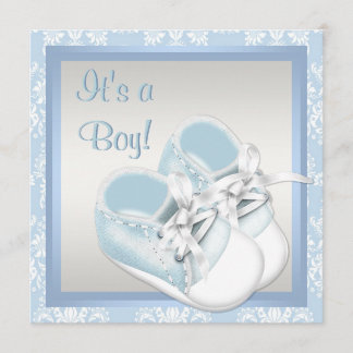 Blue Damask Shoes Blue Damask Baby Boy Shower Invitation