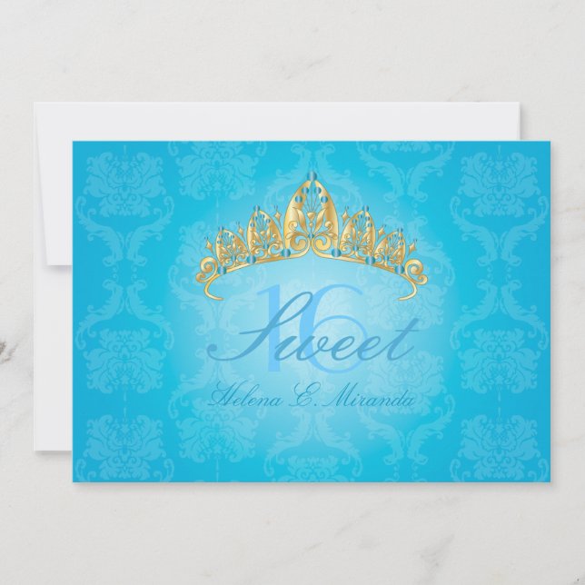 Blue Damask Sweet 16/ tiara/turquoise invitations (Front)